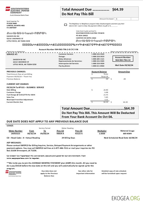 Modèle de facture de services publics d'électricité des États Unis Louisiane AEP (Southwestern Electric Power Company) aux formats Word et PDF